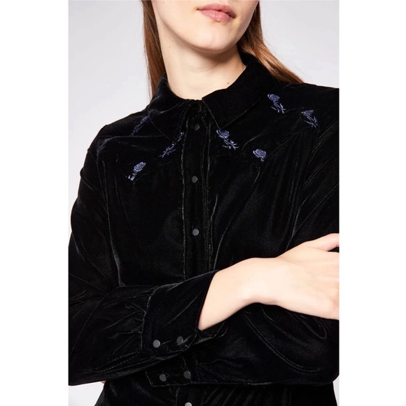 MAJE Velvet Floral Embroidered Long Sleeve Western Snap Button Collared Shirt M - Picture 3 of 12